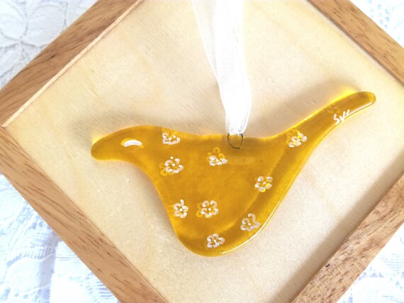 Yellow Bird Fused Glass Art Bird Hanging Wall Decor Handmade Home Decoration Ornament Gift