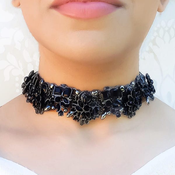 Black Rhinestone Choker Necklace || Embellished Statement Choker || Statement Jewellery || Black Fancy Necklace