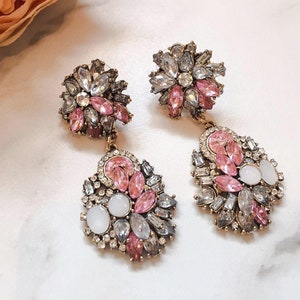 Pink & Gold Jewel Earrings Statement Earrings Ladies Rhinestone Earrings Baby Pink Statement Earrings for Her image 1