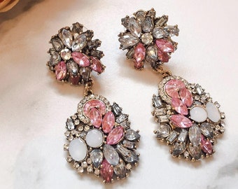 Pendientes llamativos con diamantes de imitación rosas / Pendientes de joyería de oro antiguo