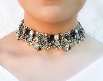 Black & Gold Rhinestone Choker Necklace || Ladies Fancy Statement Choker || Womens Jewellery