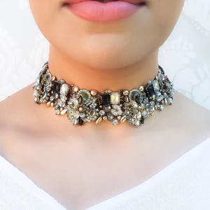 Black & Gold Rhinestone Choker Necklace Ladies Fancy Statement Choker Womens Jewellery image 1