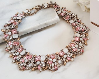 Pink White Jewel Statement Necklace | Women's Jewellery | Bib Necklace | Gold Statement Necklace