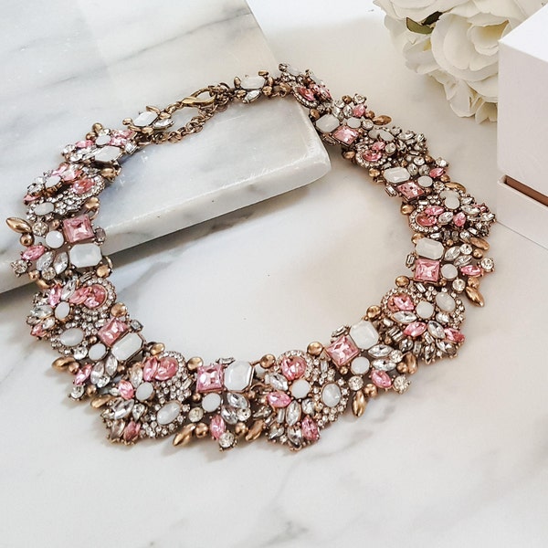 Pink White Jewel Statement Necklace | Women's Jewellery | Bib Necklace | Gold Statement Necklace