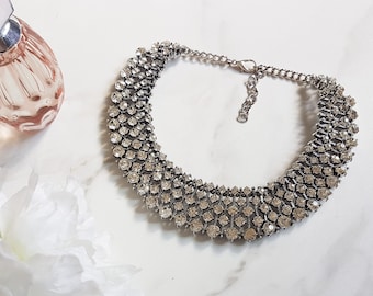 Silver Rhinestone Statement Necklace || Ladies Elegant Bib Necklace || Gifts for Her || Silver Diamante Big Necklace