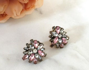 Baby Pink & Gold Statement Stud Earrings | Pink Earrings for Her | Bridal Jewelry | Bridesmaids Gifts | Women's Pink Floral Earrings