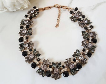 Black & Gold Rhinestone Ladies Bib Necklace || Black Statement Jewellery || Fancy Black Statement Necklace