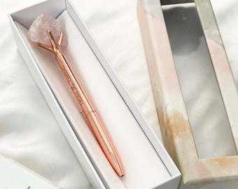 Rose Quartz Crystal Pen | In Gold, Rose Gold & Silver | Unique Pen for Journalling, manifestation and Gifting | Complimentary Gift Box