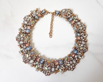 Pastel blue, Mint & Gold Rhinestone Statement Necklace || Women Jewel Necklace