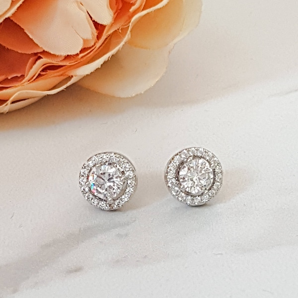 Halo Cubic Zirconia Crystal Stud Earrings in Rose Gold, Gold & Silver || Women's Rhinestone Earrings || Bridesmaids Gift Ideas