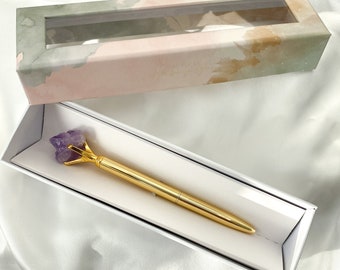 Amethyst Crystal Pen | Engraved Quote, Gold Finish | Gift Box