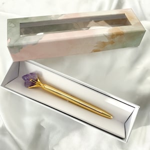 Amethist kristallen pen | In goud, roségoud en zilver | Unieke pen voor journalling, manifestatie en cadeaus | Gratis geschenkverpakking
