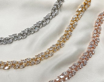 Collar de gargantilla de cristal de plata / oro / oro rosa // Circonita cúbica // Oro blanco de 18 k y chapado en oro