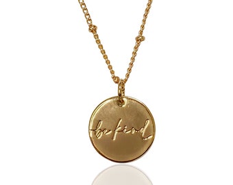 Be Kind Engraved 18k Gold Plated Disc Pendant | Satellite Beaded Gold Chain | Gold Dainty Necklace with Gift Box