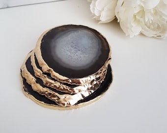 Agate Crystal Coasters with Gold Glided Edge || Crystal Coasters || Homeware & Gifts | Black Agate crystal Home Office Decor Accessories