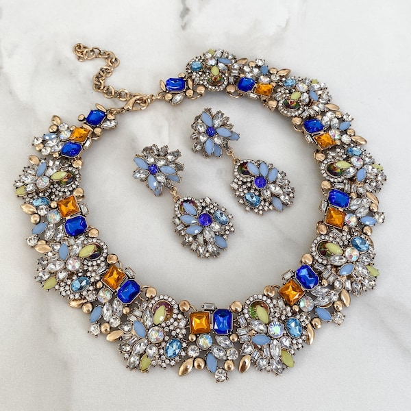 Ensemble collier et boucles d'oreilles bleu royal et multicolore || Bijoux en strass | Cadeaux de bijoux pour elle