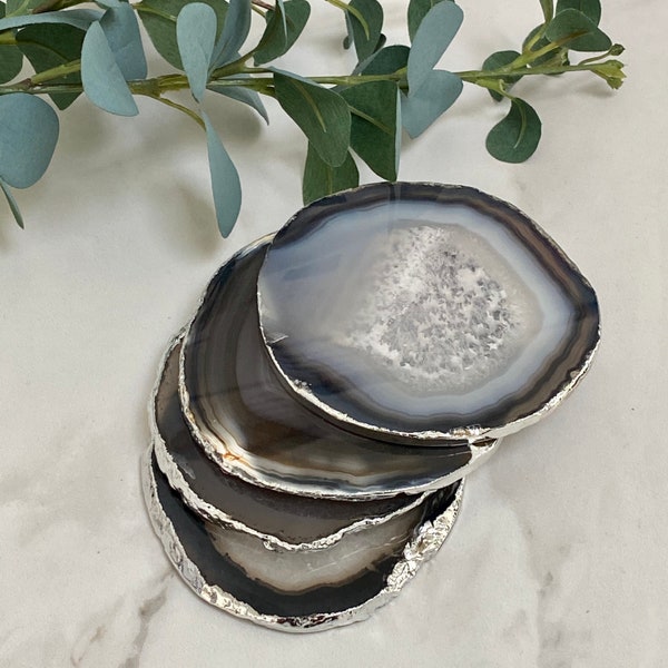 Black and Silver Agate Crystal Coasters with Glided Edge || Crystal Coasters || Homeware & Gifts || Luxury Agate Crystal home decor