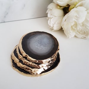 Agate Crystal Coasters with Gold Glided Edge || Crystal Coasters || Homeware & Gifts | Black Agate crystal Home Office Decor Accessories