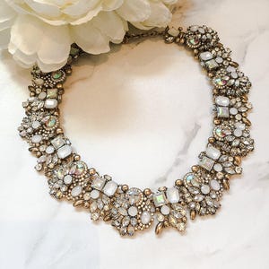 White & Gold Women's Statement Necklace | Rhinestone Statement Bib Necklace | Gifts for Her