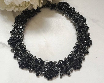 Black Jewel Statement Necklace || Rhinestone Bib Necklace || Women's Jewellery