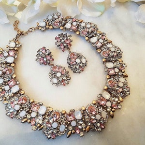 Pastel Pink & Gold Rhinestone Necklace and Earring Jewellery Set || Rhinestone Jewellery | Jewellery Gifts for Her