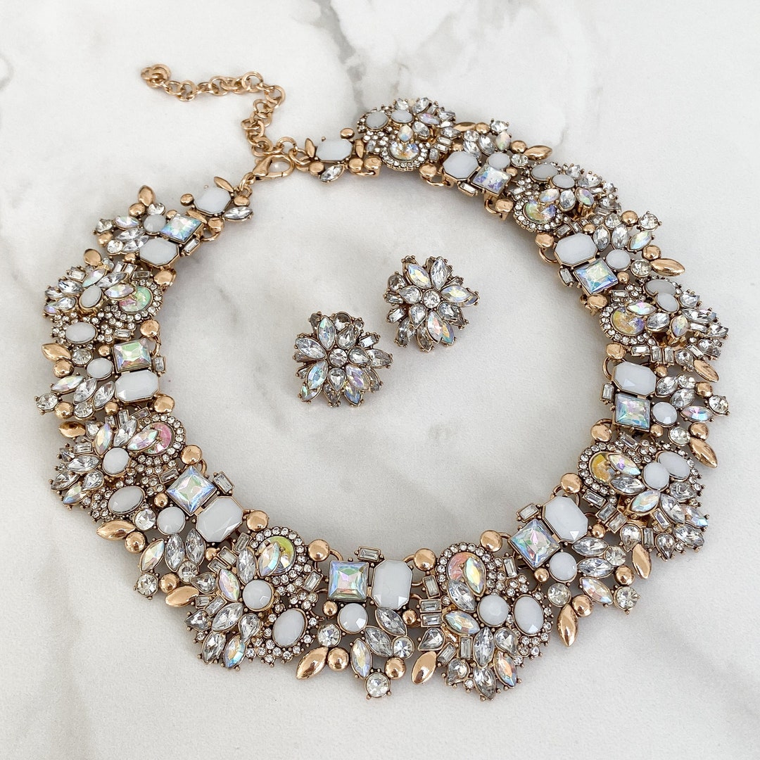 White & Gold Iridescent Rhinestone Necklace and Earring Jewellery Set