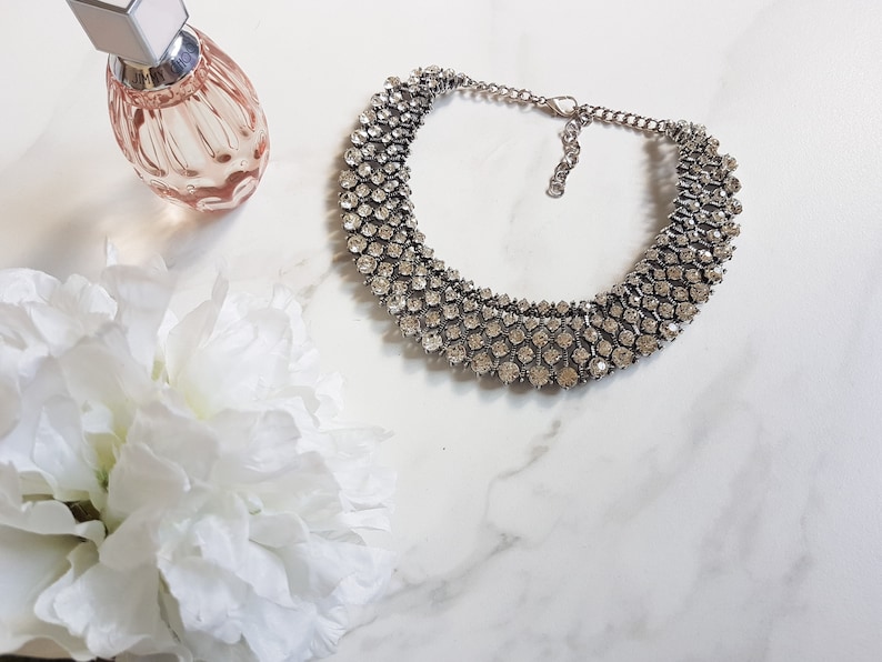 Silver Rhinestone Statement Necklace Ladies Elegant Bib Necklace Gifts for Her Silver Diamante Big Necklace image 1