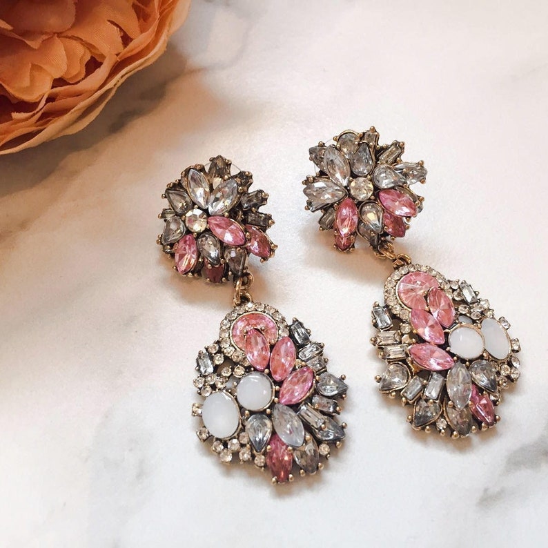 Pink & Gold Jewel Earrings Statement Earrings Ladies Rhinestone Earrings Baby Pink Statement Earrings for Her image 1