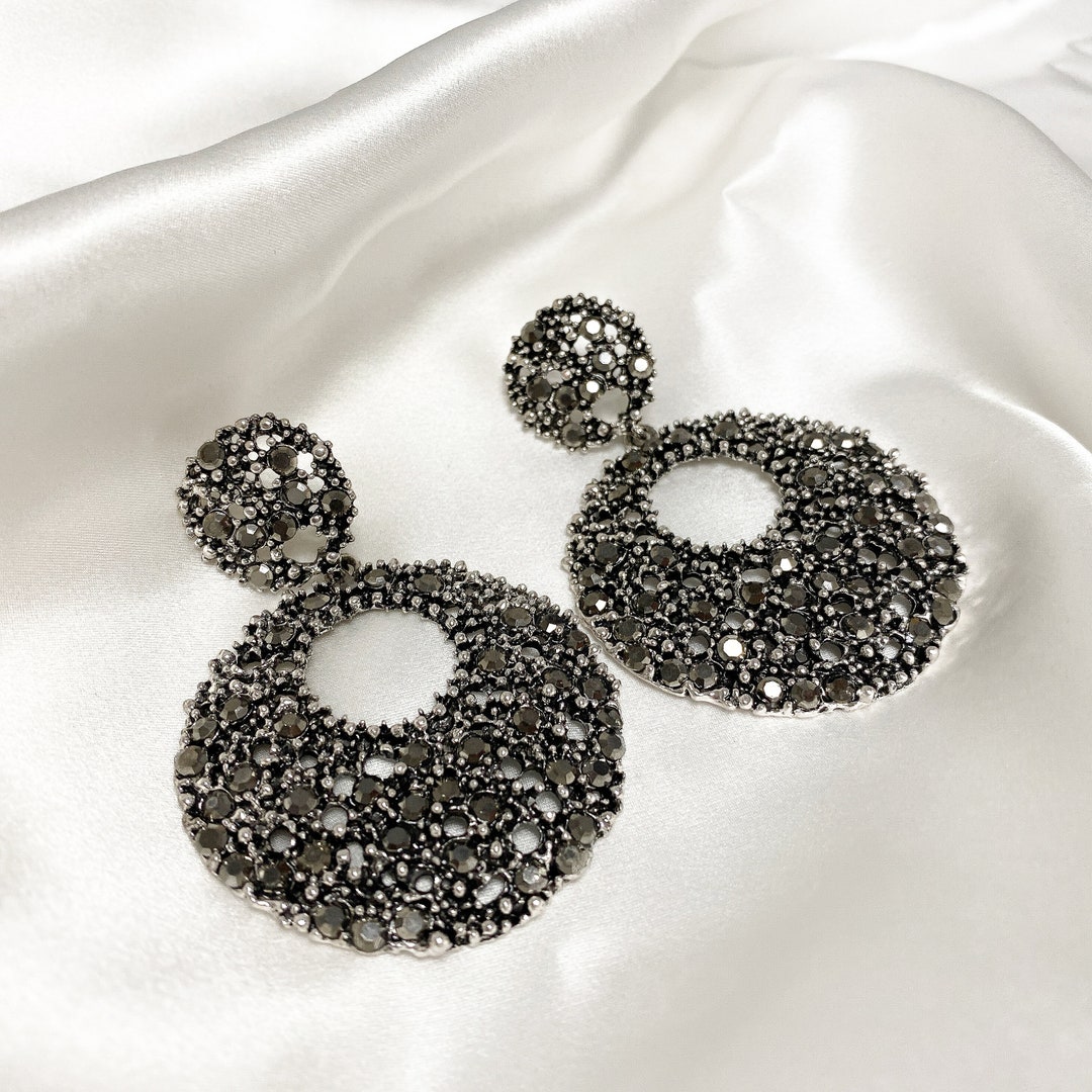 Grey Jewel Embellished Statement Earrings Ladies Disc - Etsy