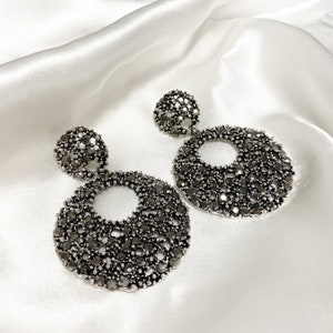 Grey Jewel Embellished Statement Earrings | Ladies Disc Earrings | Statement Jewellery
