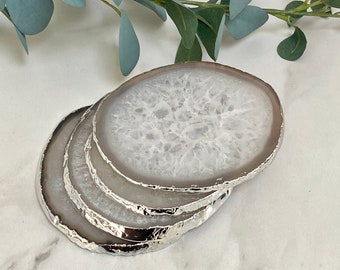 Dessous de verre en cristal d'agate blanche naturelle avec rebords argentés || Articles de maison et cadeaux