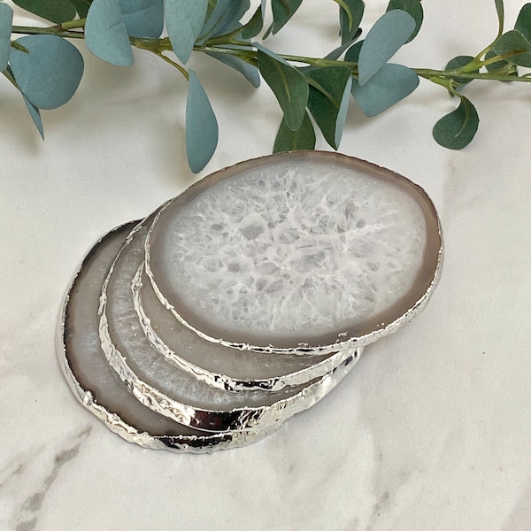 Natürliche weiße Achat-Kristall-Untersetzer mit silbernem Gleitrand || Haushaltswaren & Geschenke