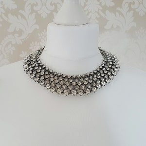 Silver Rhinestone Statement Necklace Ladies Elegant Bib Necklace Gifts for Her Silver Diamante Big Necklace image 5