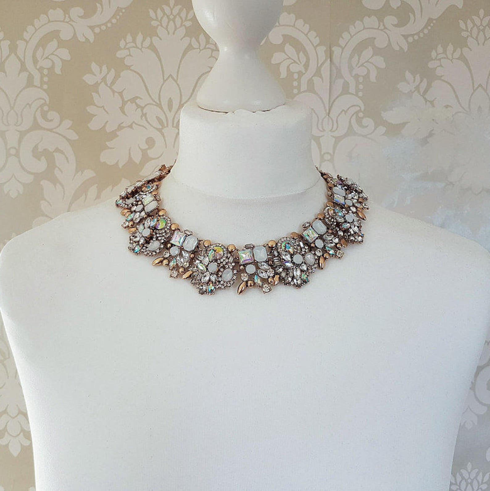 White & Gold Women's Statement Necklace Rhinestone Etsy