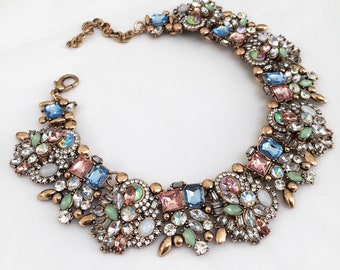 Pastel Nude,Mint Green and Baby Blue Rhinestone Choker Necklace || Colourful Statement Choker || Womens Statement Jewellery