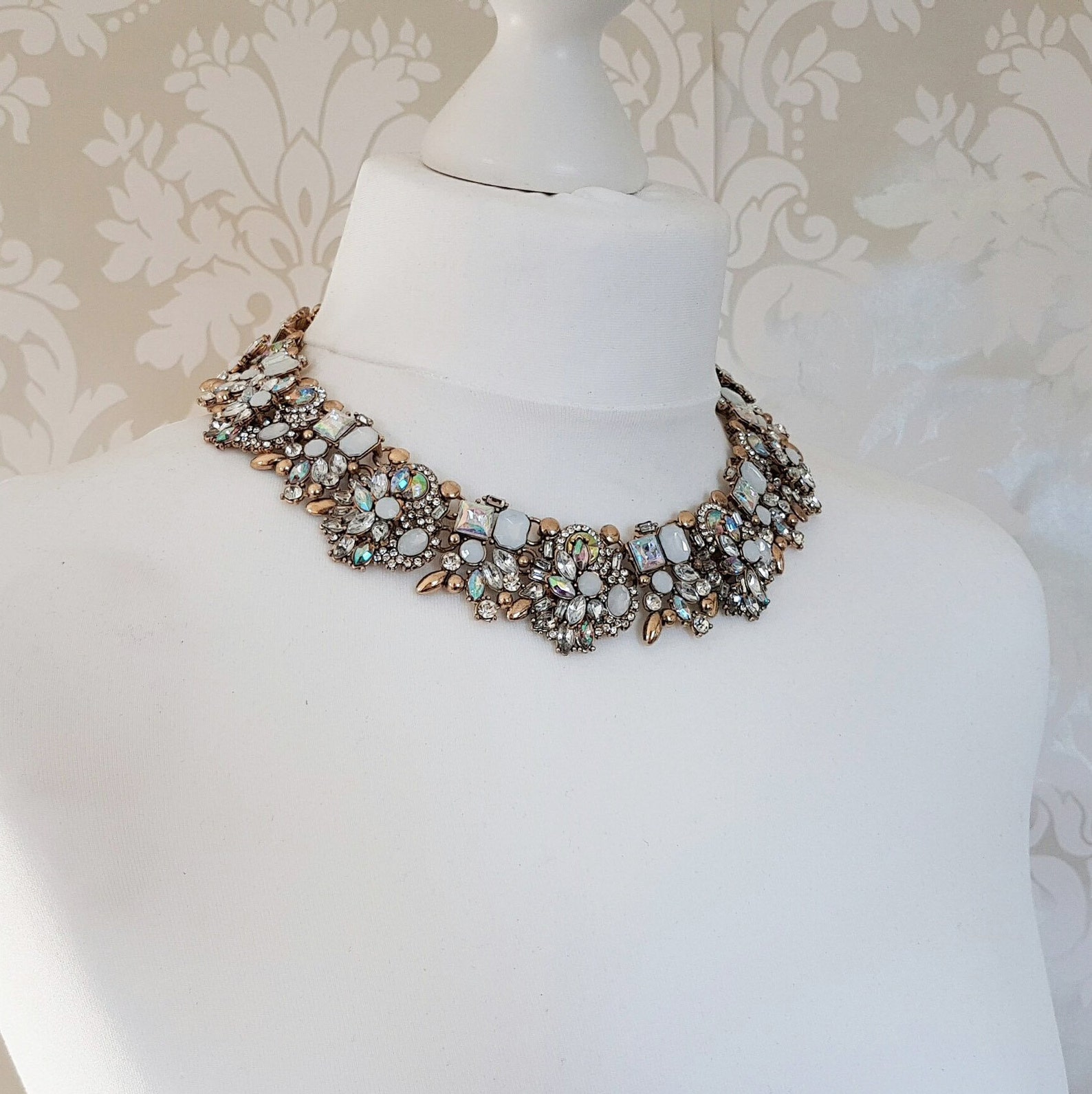 White & Gold Iridescent Rhinestone Necklace and Earring Etsy