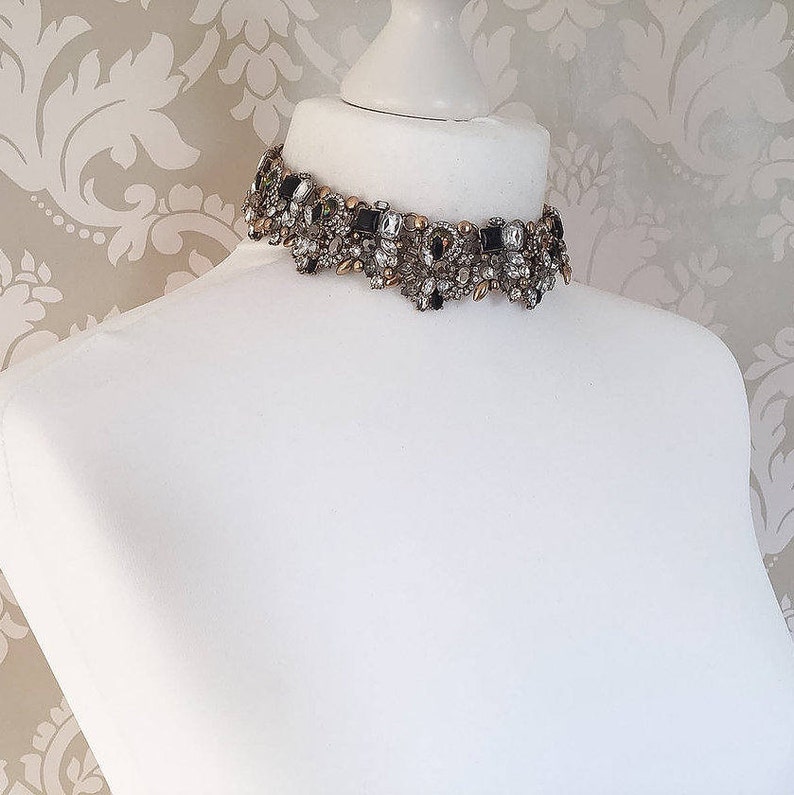 Black & Gold Rhinestone Choker Necklace Ladies Fancy Statement Choker Womens Jewellery image 3