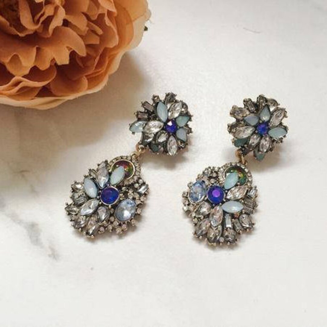 Blue Gold Rhinestone Earrings Royal Blue Statement Earrings Gifts for Her Etsy Canada