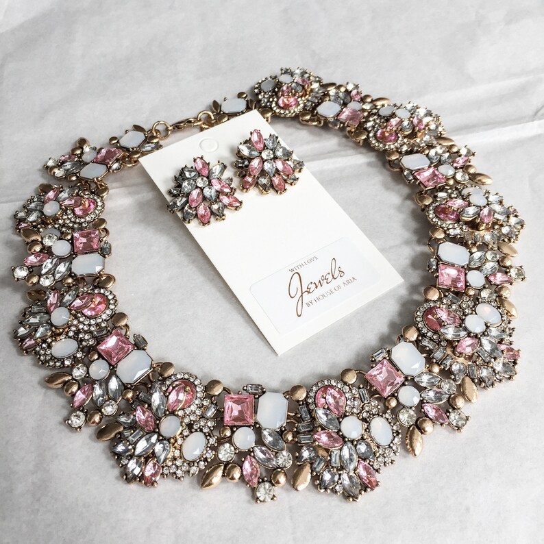 Pastel Pink & Gold Rhinestone Necklace and Earring Jewellery Etsy UK