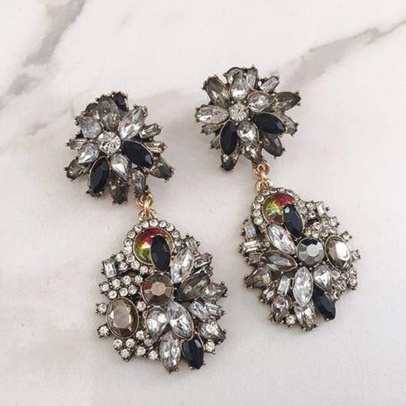 Black & Gold Rhinestone Drop Earrings Statement Earrings Etsy