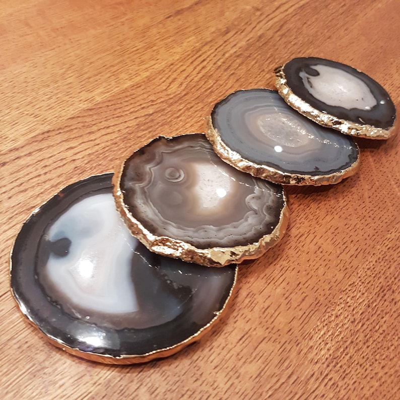 Agate Crystal Coasters with Gold Glided Edge Crystal Coasters Homeware & Gifts Black Agate crystal Home Office Decor Accessories image 7