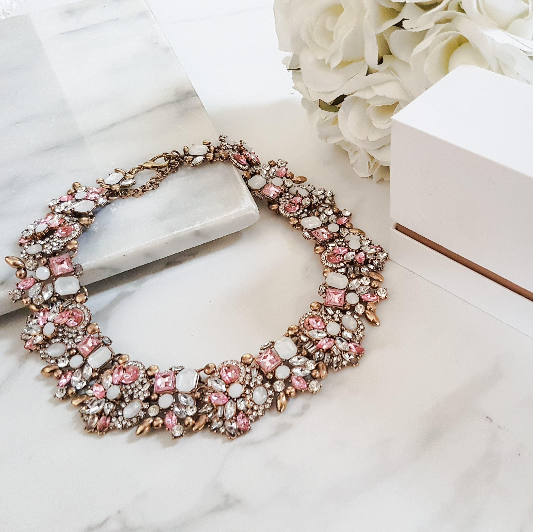 Light Pink Statement Necklace and Earring Set / Pink Collar Jewelry Set /  Bridal Jewelry/ Romantic Jewelry/ BRIDGERTON STYLE Jewelry Set