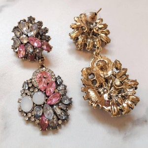 Pink & Gold Jewel Earrings Statement Earrings Ladies Rhinestone Earrings Baby Pink Statement Earrings for Her image 3