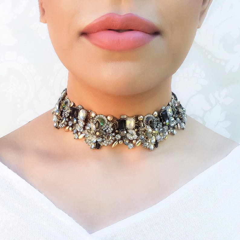 Black & Gold Rhinestone Choker Necklace Ladies Fancy Statement Choker Womens Jewellery image 1