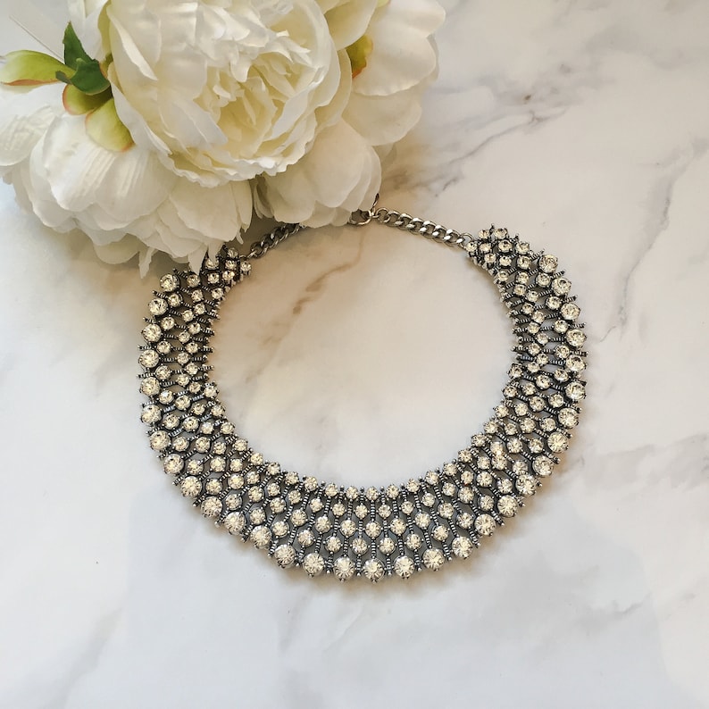 Silver Rhinestone Statement Necklace Ladies Elegant Bib Necklace Gifts for Her Silver Diamante Big Necklace image 2