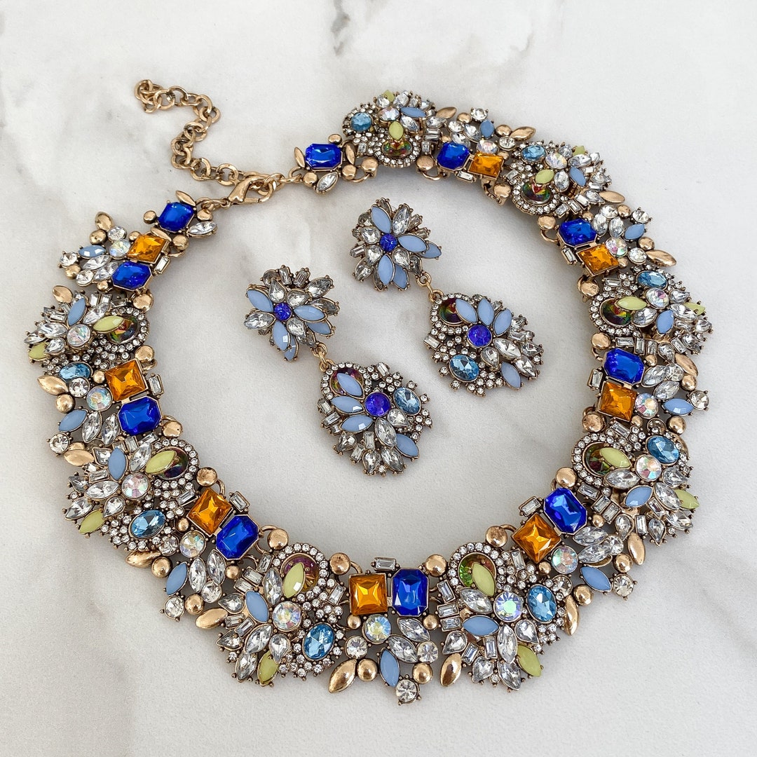 Royal Blue & Multi-coloured Statement Necklace and Earring Jewellery ...
