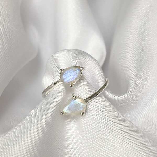 Moonstone Crystal Tear Drop Adjustable Ring || 925 Sterling Silver & 18k Gold Plated || Gemstone Rings For Her