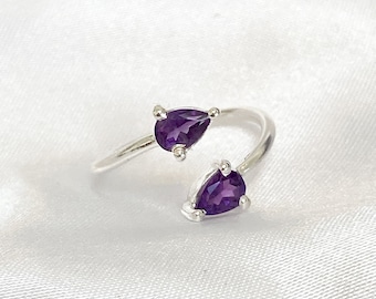 Amethyst Crystal Sterling Silver Ring | Crystal Gifts | Purple Gemstone Adjustable Silver Ring | Women's Gemstone Jewellery