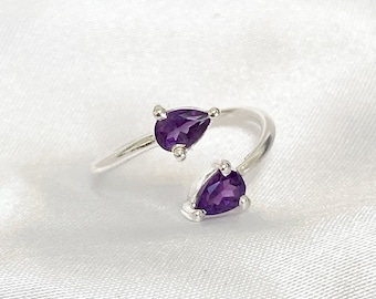 Adjustable Sterling Silver Amethyst Ring | Pear Cut Crystal
