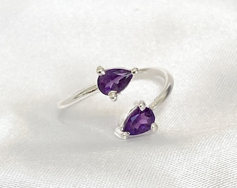 Anello in argento sterling con cristallo di ametista / Regali di cristallo / Anello in argento regolabile con pietra preziosa viola / Gioielli con pietre preziose da donna